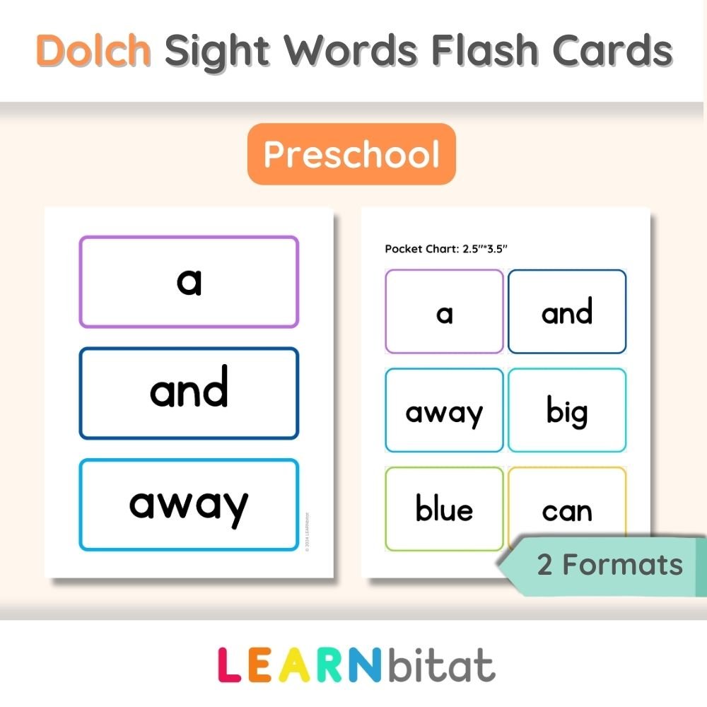 Dolch Sight Words Flash Cards Printable PDF for Preschoolers