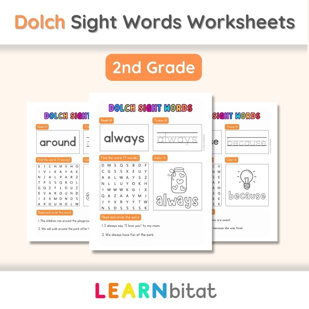 Printable 2nd Grade Dolch Sight Words Practice Worksheets 