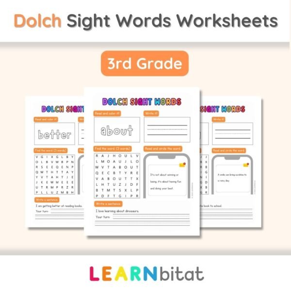 Printable 3rd Grade Dolch Sight Words Practice Worksheets