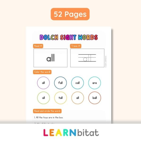Printable Kindergarten Dolch Sight Words Practice Worksheets