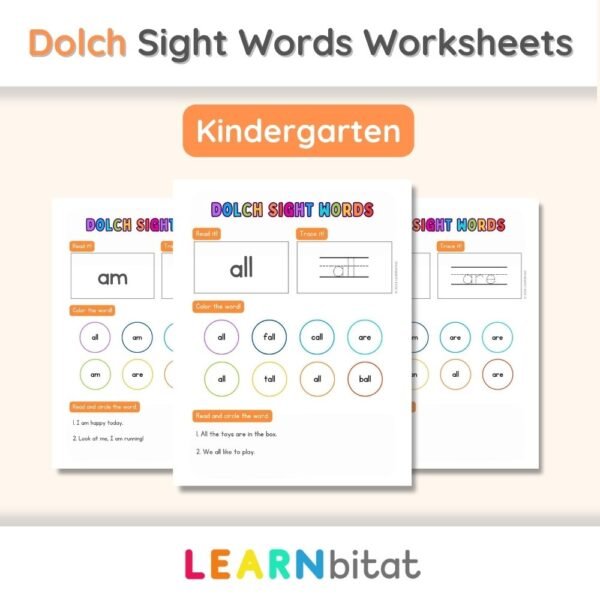 Printable Kindergarten Dolch Sight Words Practice Worksheets