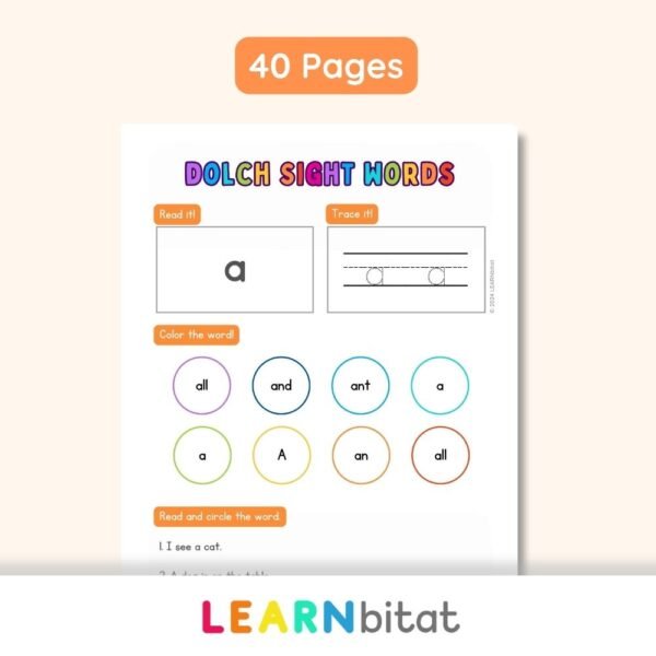 Printable Preschool Dolch Sight Words Practice Worksheets