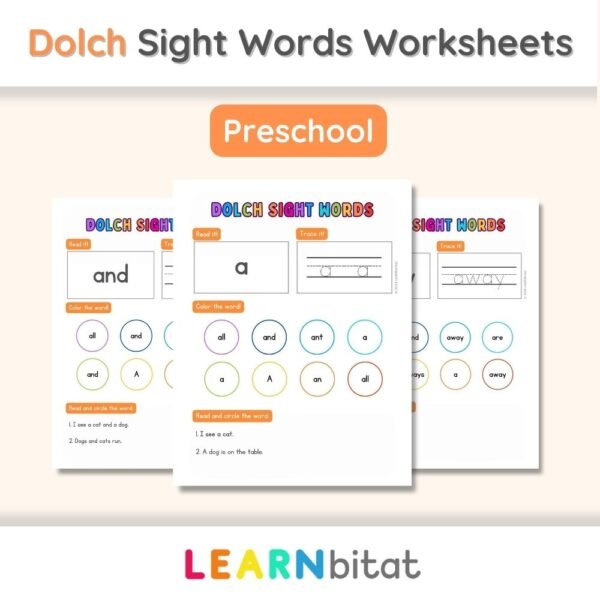 Printable Preschool Dolch Sight Words Practice Worksheets